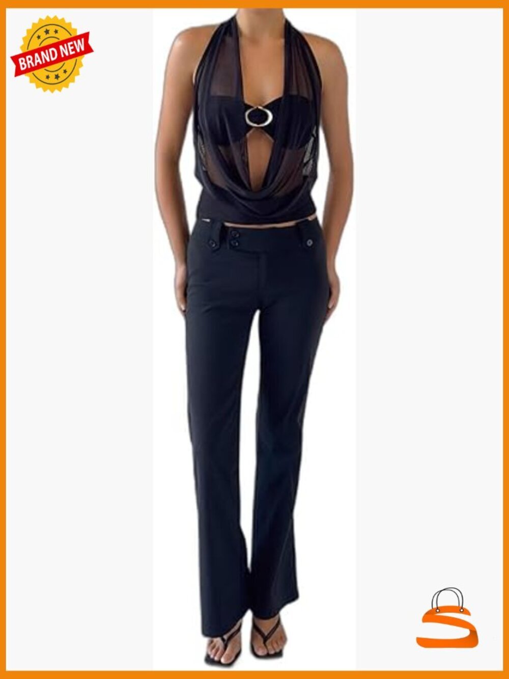 High-Rise Flare Leg Trousers with Buttoned Waistband, Stretch Fabric